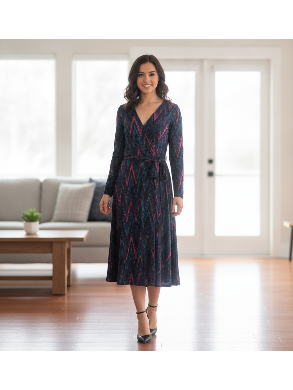 Leota Women's Wrap Dress with Chevron Pattern, Size Small